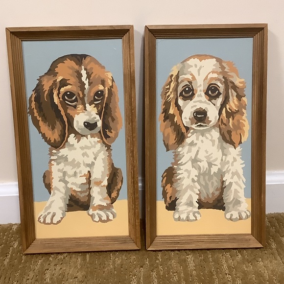 Retro Paint By Numbers Dog Pair Cocker Spaniel and Beagle Framed Pair MCM Era - Picture 8 of 16